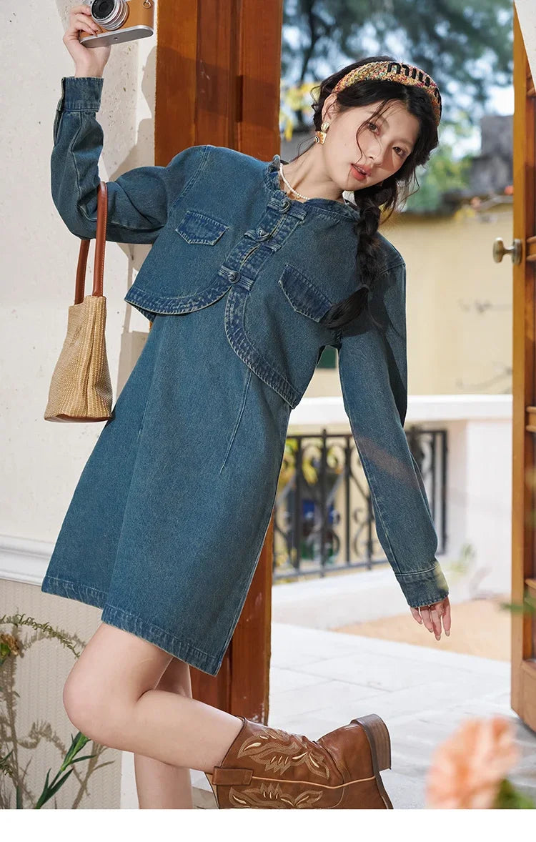 Mishow Retro Chinese Buckle Denim Vest Dress MXD14L1771