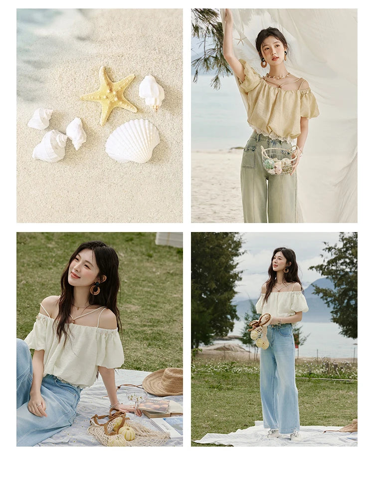 MISHOW French Camisole Shirt Off-Shoulder Lace Puff Sleeve MXE33X1755