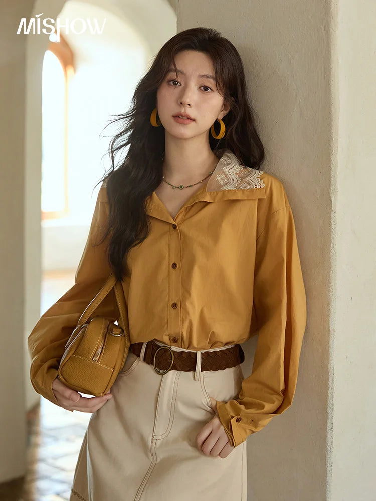 MISHOW Solid Cotton Shirt V-Neck Double Layer Lace MXE41C2366