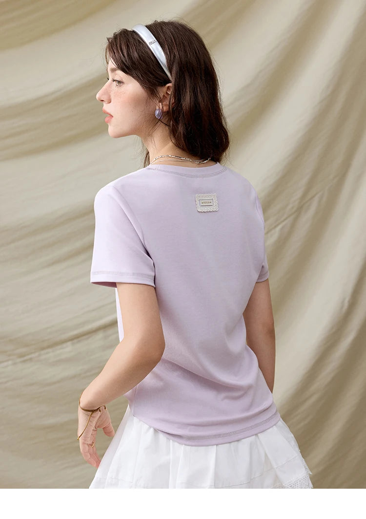 Mishow Solid Straight Shoulder Lace Trim Tee MXE31T0532