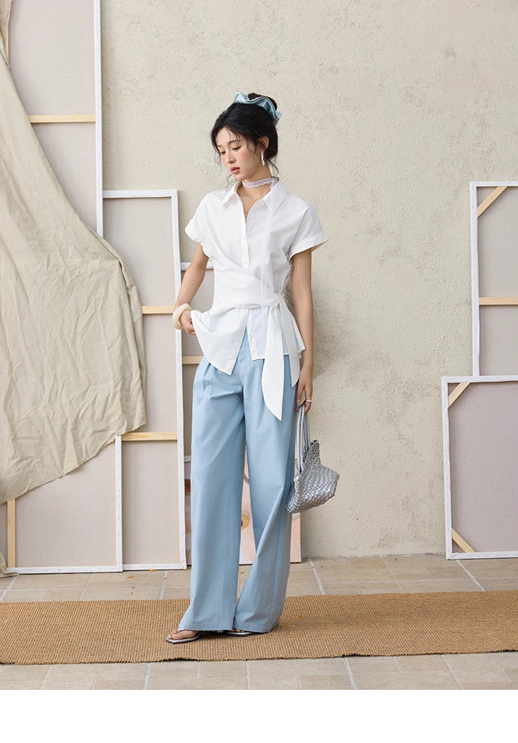MISHOW Sea Salt Blue Wide Leg Pants Contrasting Bead Belt MXE35K0931