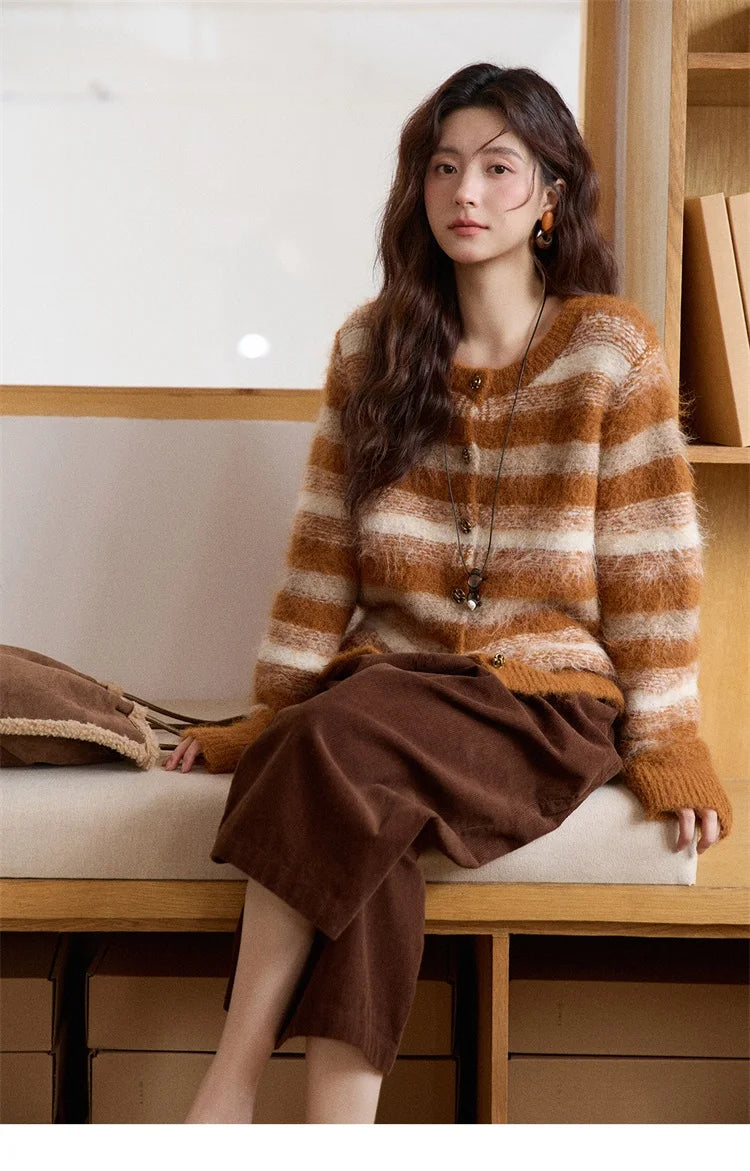 Mishow Retro Striped Round Neck Wool Cardigan MXE87Z2723