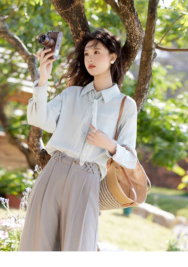 MISHOW Lace Trim Blouse Turn-Down Collar MXE16C0760