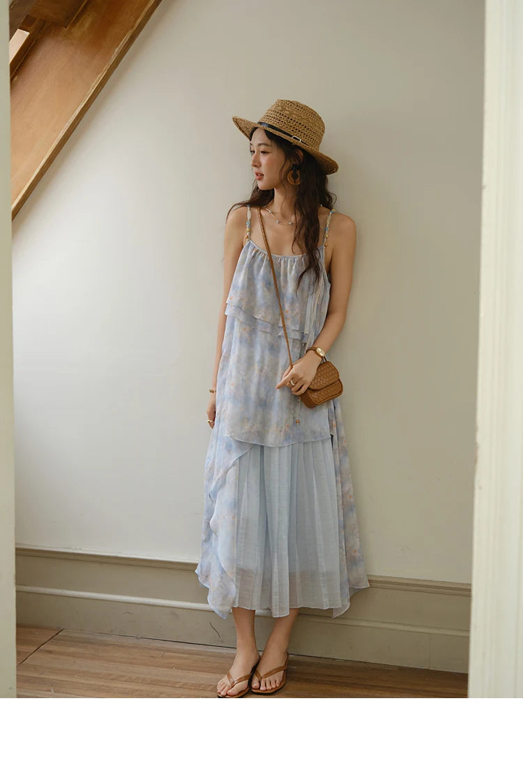 Mishow Print Strap Multi Layer Ruffle Dress MXE35L2233