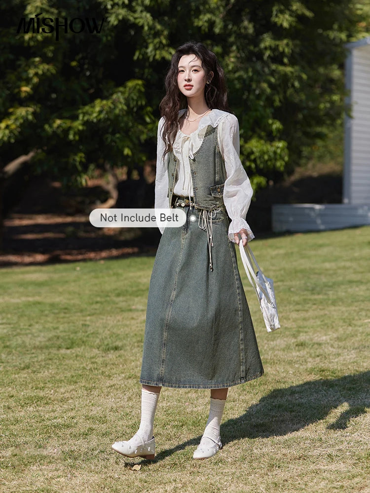 Mishow Korean Denim Vest Coat & Slim A-Line Midi Skirt Set MXE13W0731