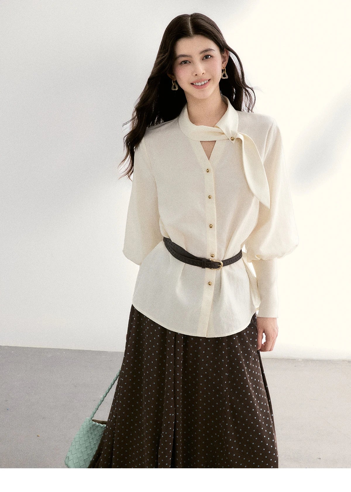 MISHOW Women's Tie Neck Shirt Hollow Out Knitted Patchwork Puff Sleeve MXF108C0812