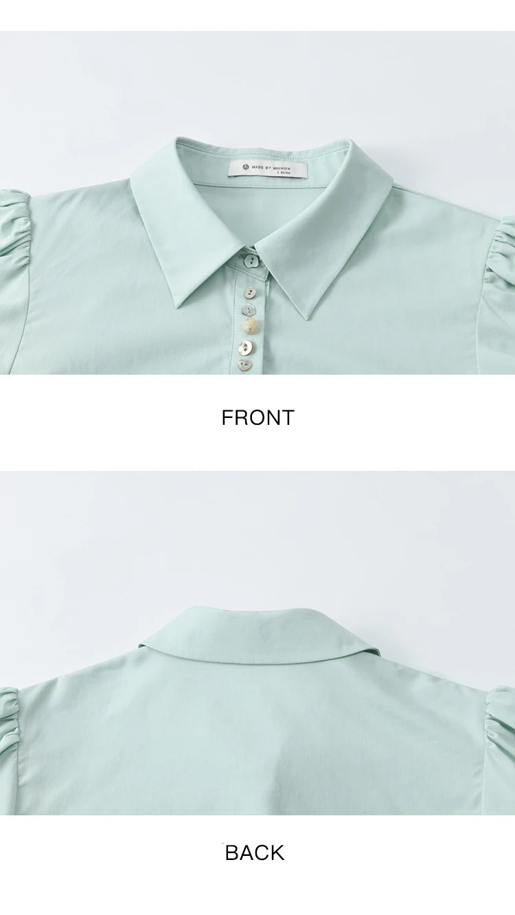 MISHOW Light Green Bubble Sleeve Shirt Lapel Collar Irregular Buttons MXE34C0788