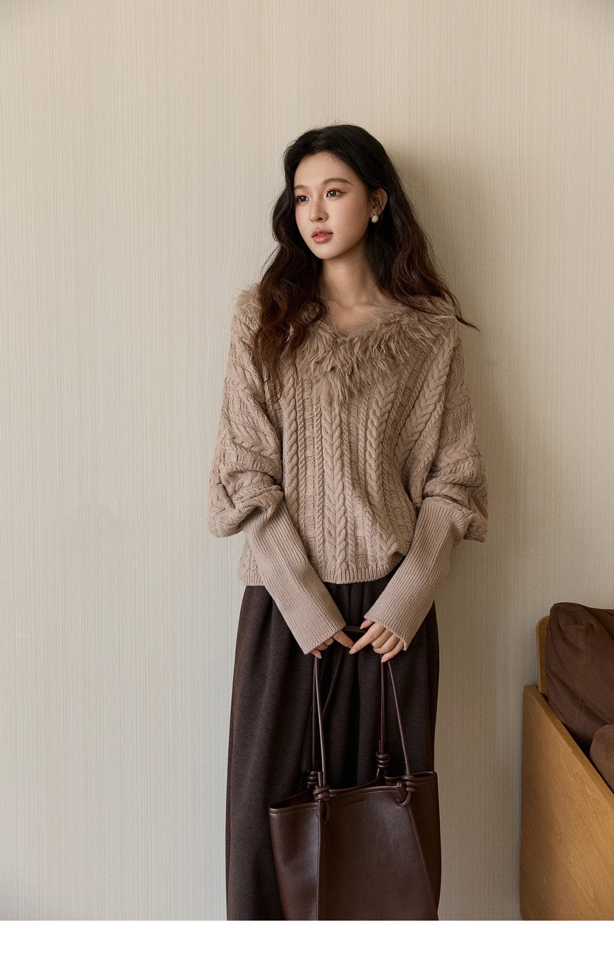 Mishow Faux Fur Collar Batwing Cable Knit Pullover MXE94Z2985
