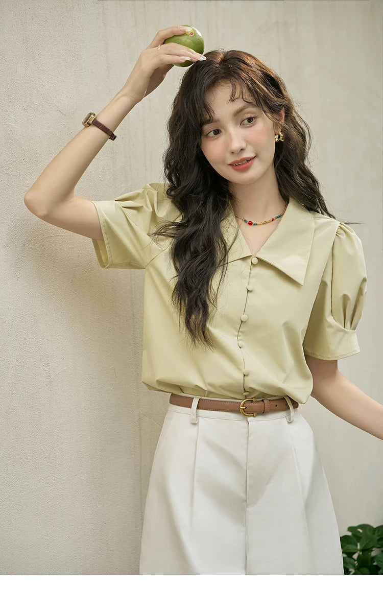 MISHOW Bubble Sleeve V-Neck Shirt Lapel Collar Loose MXD28X1471