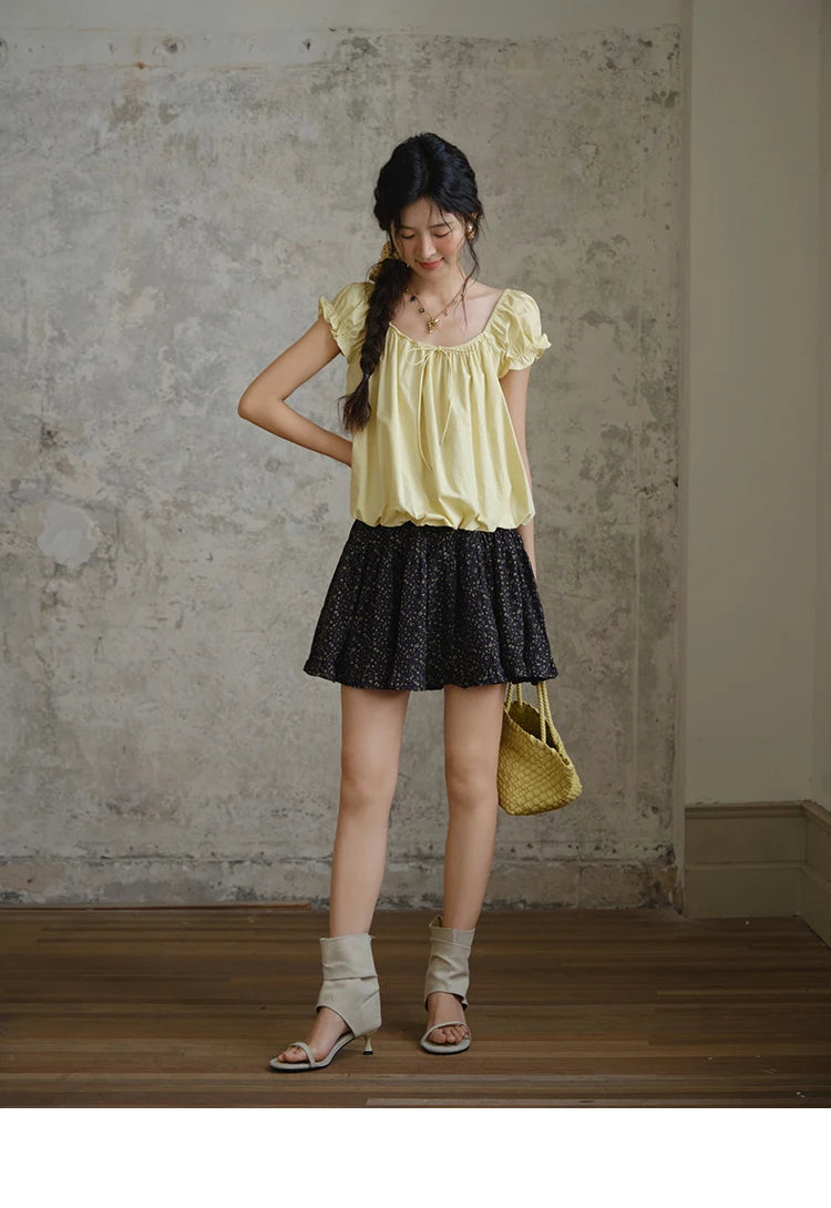 MISHOW Cotton Blouse Puff Sleeve Lace Up O-Neck MXE37X1893