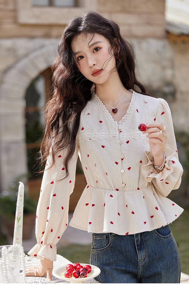 MISHOW Love Embroidered V-Neck Blouse Waist Ruffle MXE13X1700
