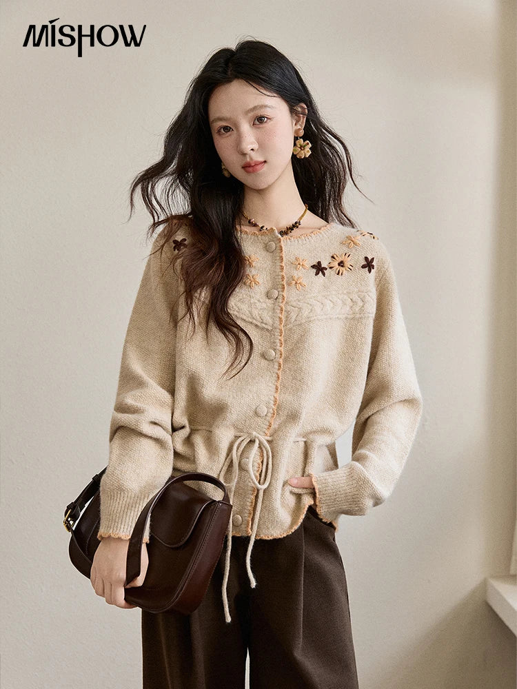 Mishow Apricot Hand-Embroidered Wool Blend Waist Tie Cardigan MXE87Z2702