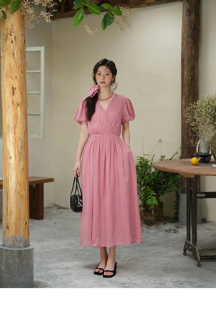 Mishow V-Neck Puff Sleeve Pocket Sash Dress MXE39L2381