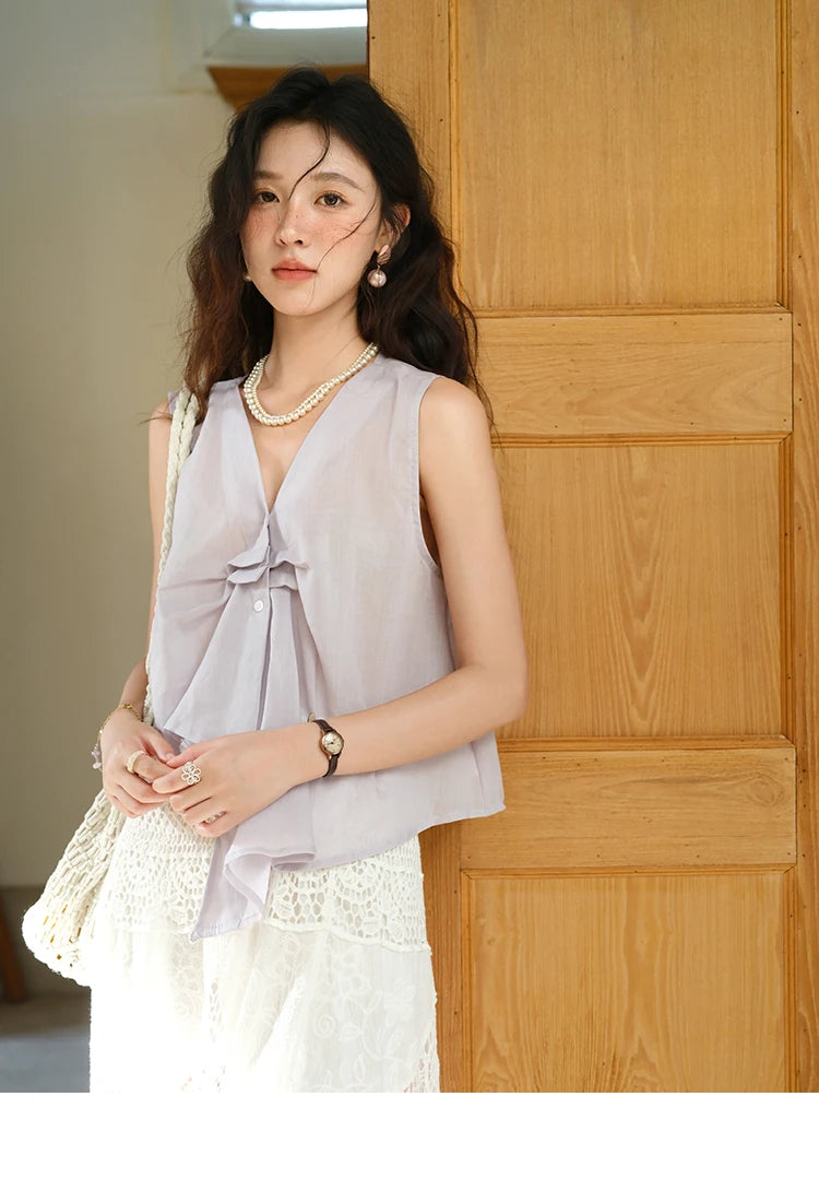 MISHOW Sleeveless V-Neck Blouse Button Detail MXE39X1960