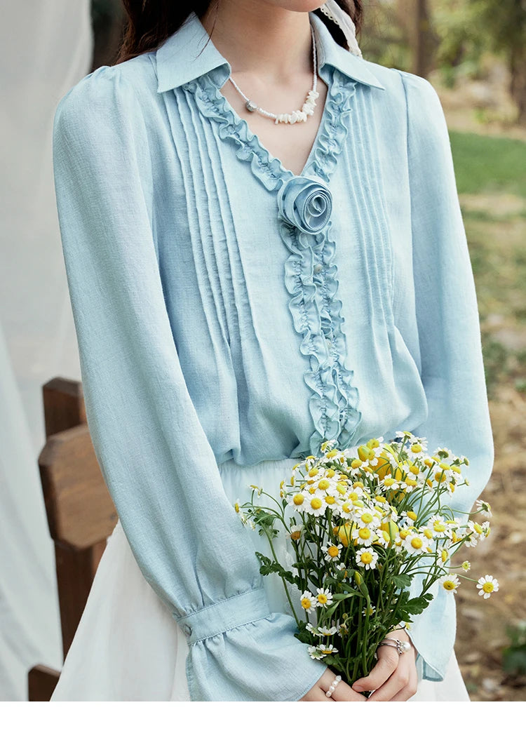 MISHOW V-Neck Long Flare Sleeve Solid Blouse MXE14X1730