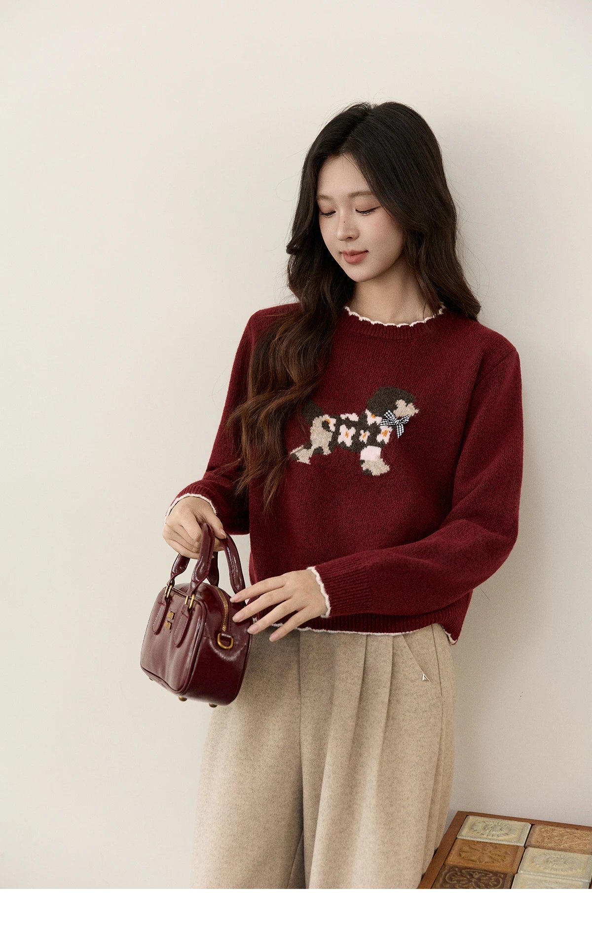 Mishow Burgundy Poodle Pattern Ruffled Trim Pullover MXE93Z2949