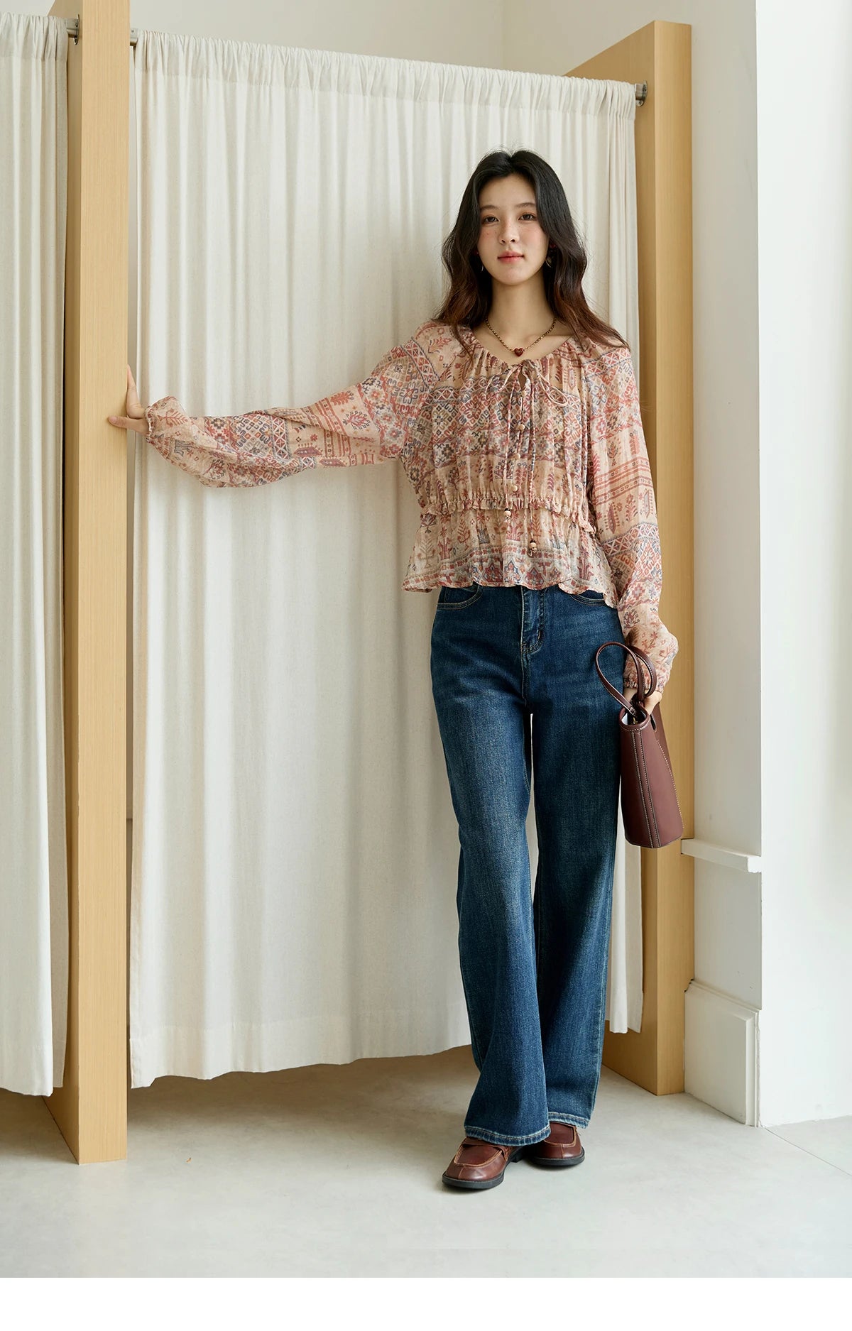 MISHOW National Style Printed Blouse Round Neck Drop Sleeve MXE47X2508