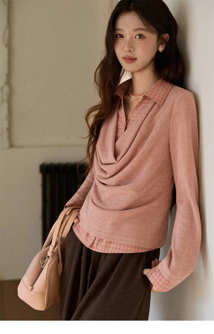 Mishow Pink Faux Two-Piece Plaid Draped Collar Pullover MXE87Z2747