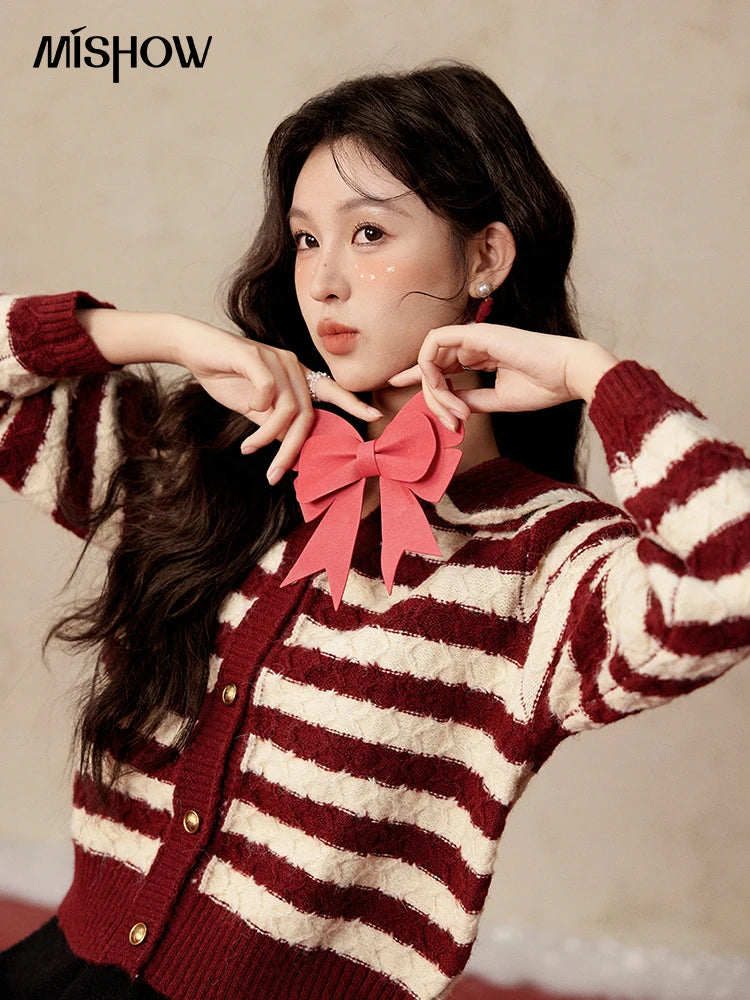 Mishow Christmas Red Striped Wool Blend Cropped Cardigan MXD58Z1038