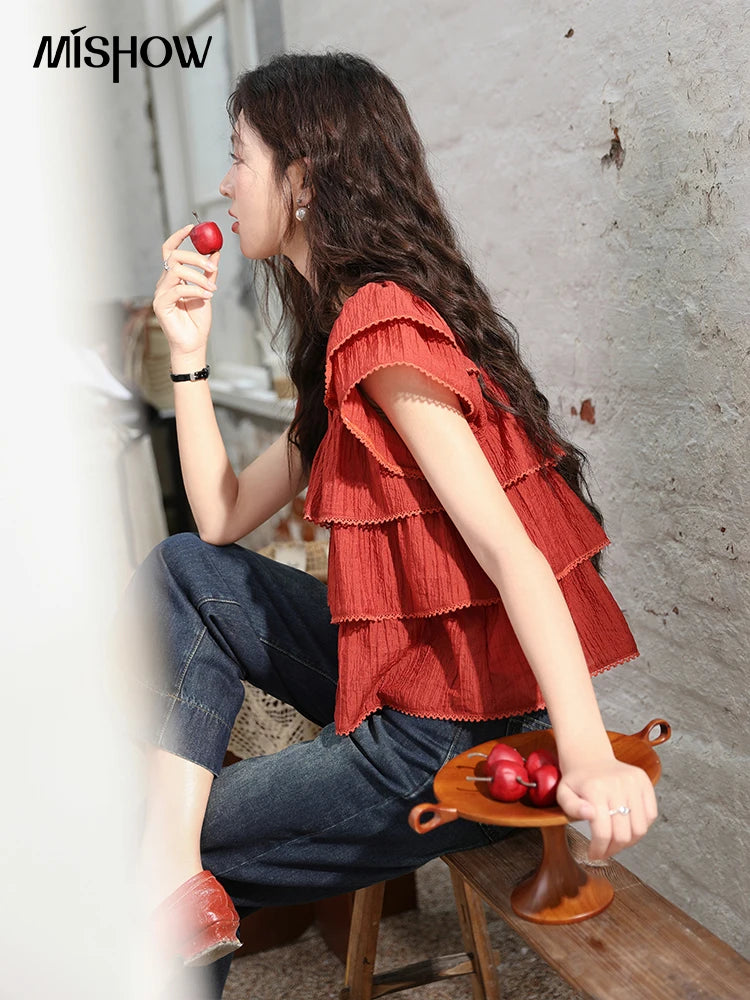MISHOW French Square Collar Blouse Red Ruffle Lace Cake Puff Sleeve MXD30X1488