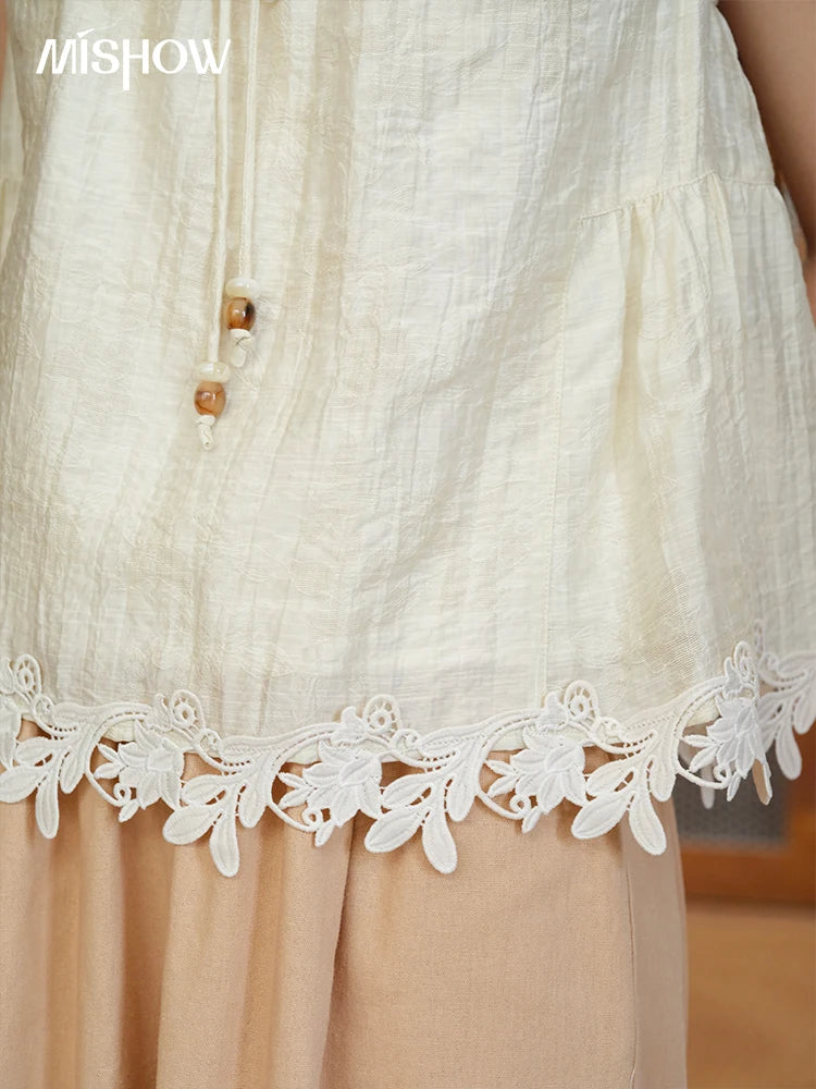 MISHOW French Round Neck Lace Up Blouse Embroidery Puff Sleeve MXE39X1956