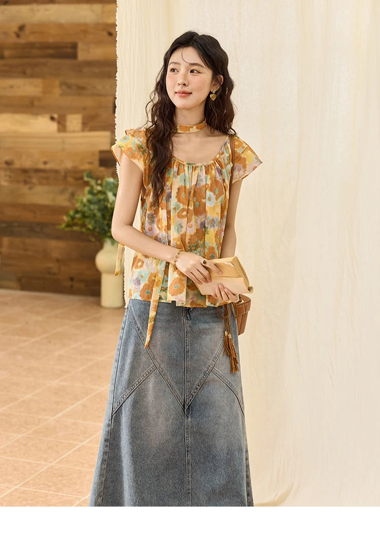 MISHOW Cotton Citrus Oil Painting Blouse Flying Sleeve MXE36X1872