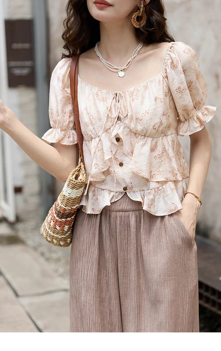 MISHOW Floral Print Square Neck Shirt Bubble Sleeve Patchwork MXD30X1565
