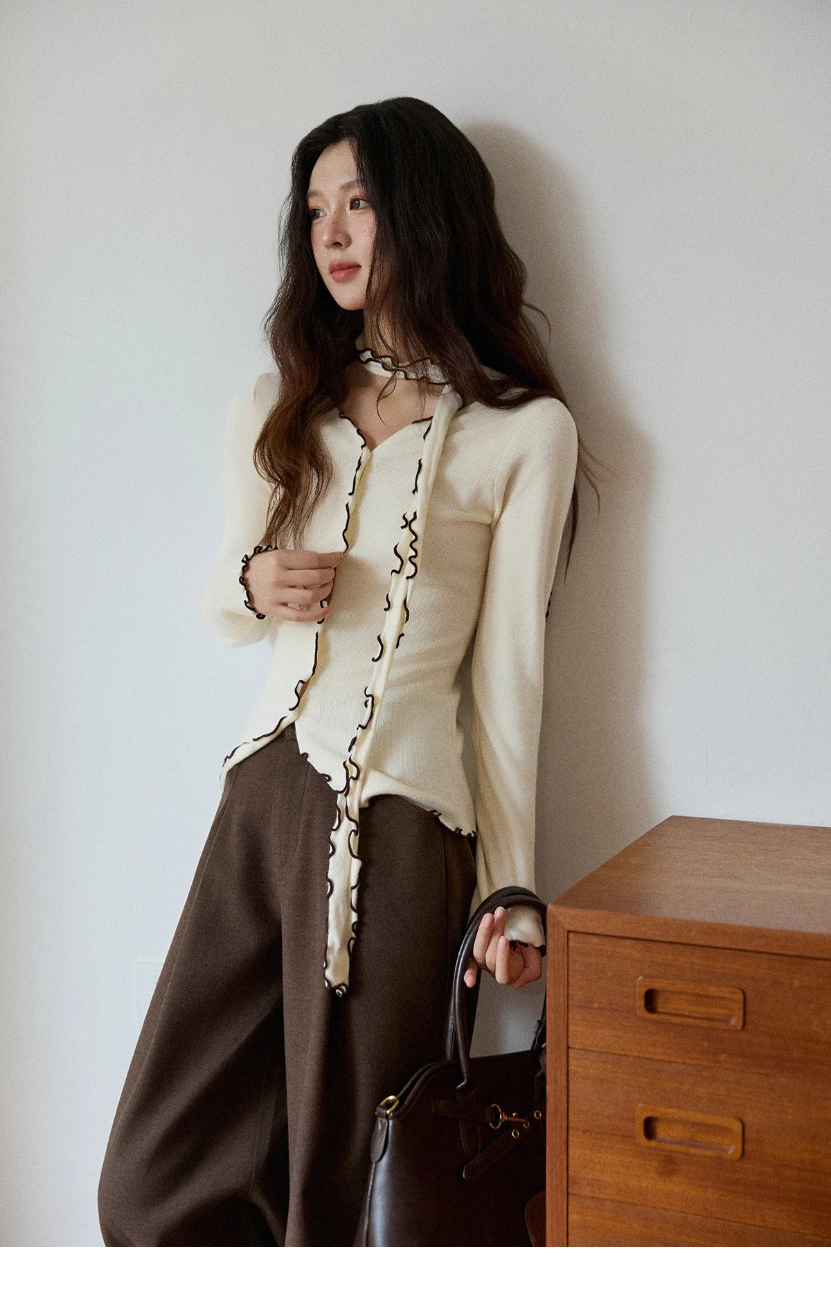 Mishow Ruffled Edge V-Neck Ribbon Knit Pullover MXE86Z2728