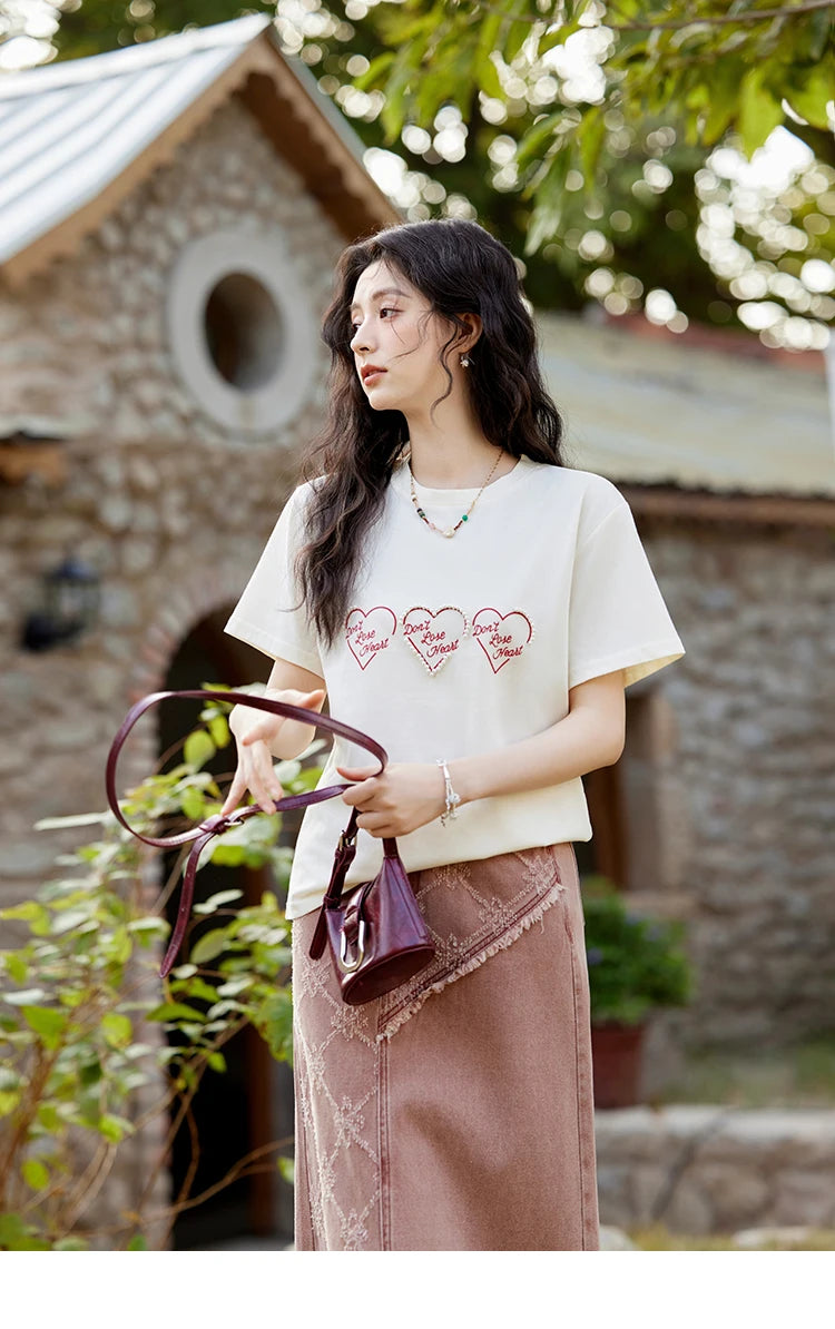 Mishow Apricot Heart Print Positive Shoulder Tee MXE11T0491