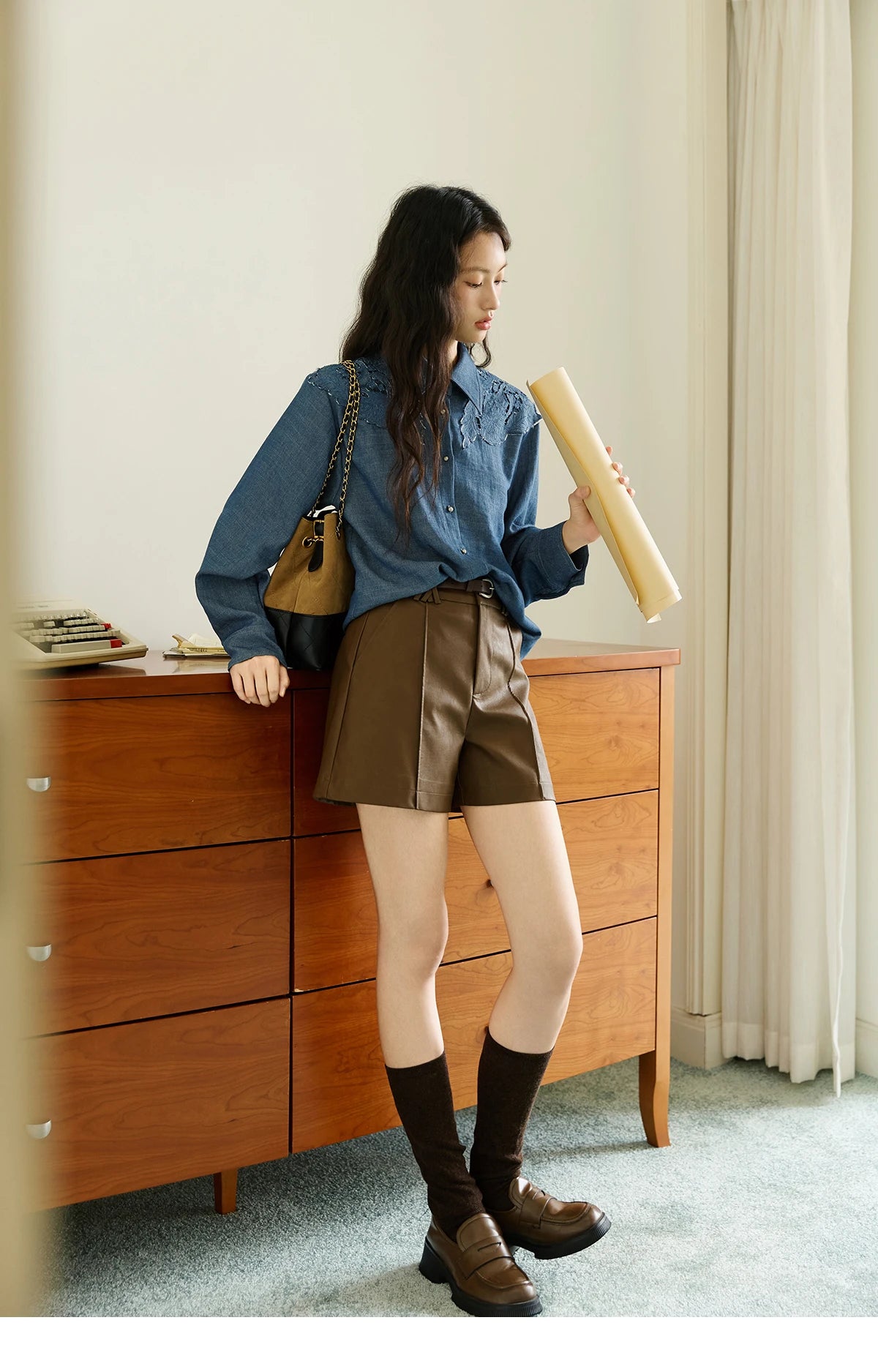 MISHOW Blue Shirt Hollowed Out Patchwork Embroidery Imitation Denim MXE46C2410