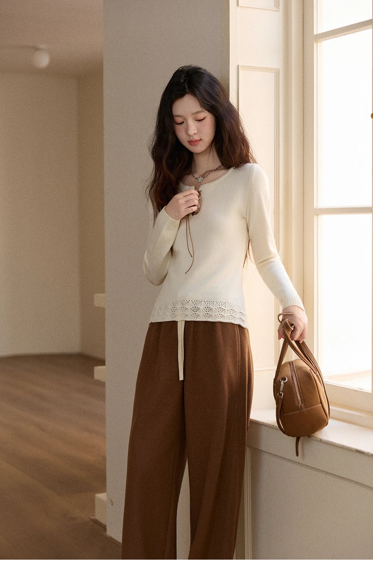 Mishow Beige Contrast French Hem Crochet Sweater MXE89Z2634
