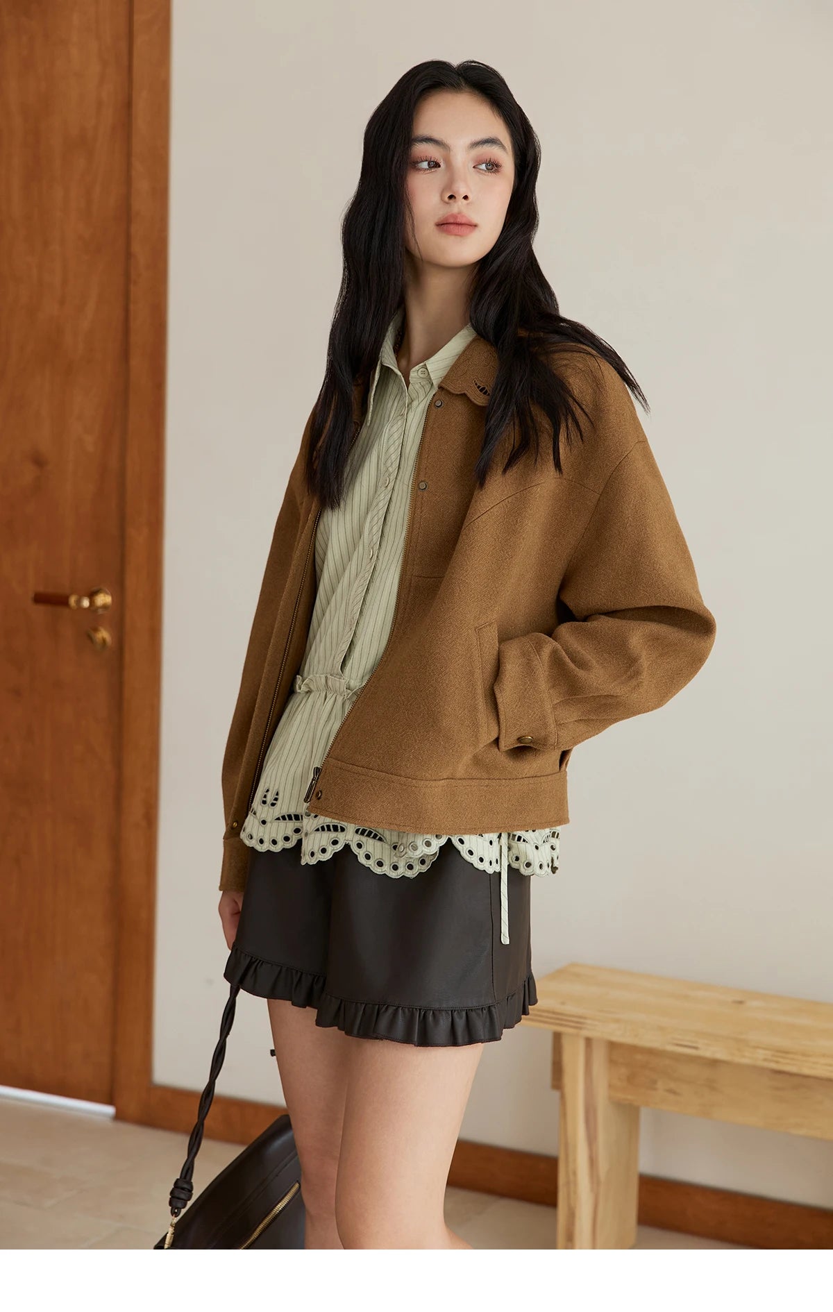 Mishow Brown Hollow Out Embroidery Woolen Coat MXE49W0856