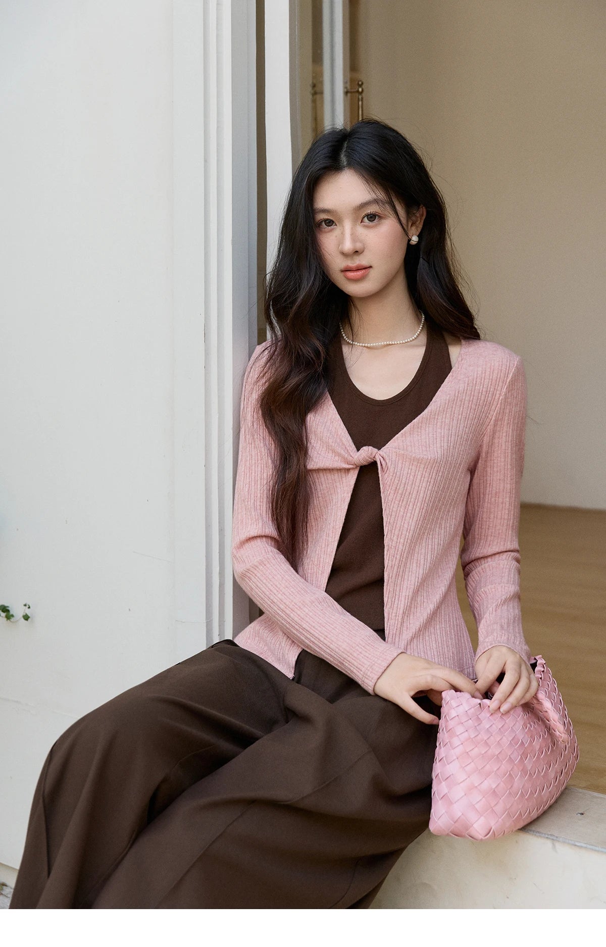 Mishow Pink Brown Fake Two-Piece Knot Front Top MXF11Z2912
