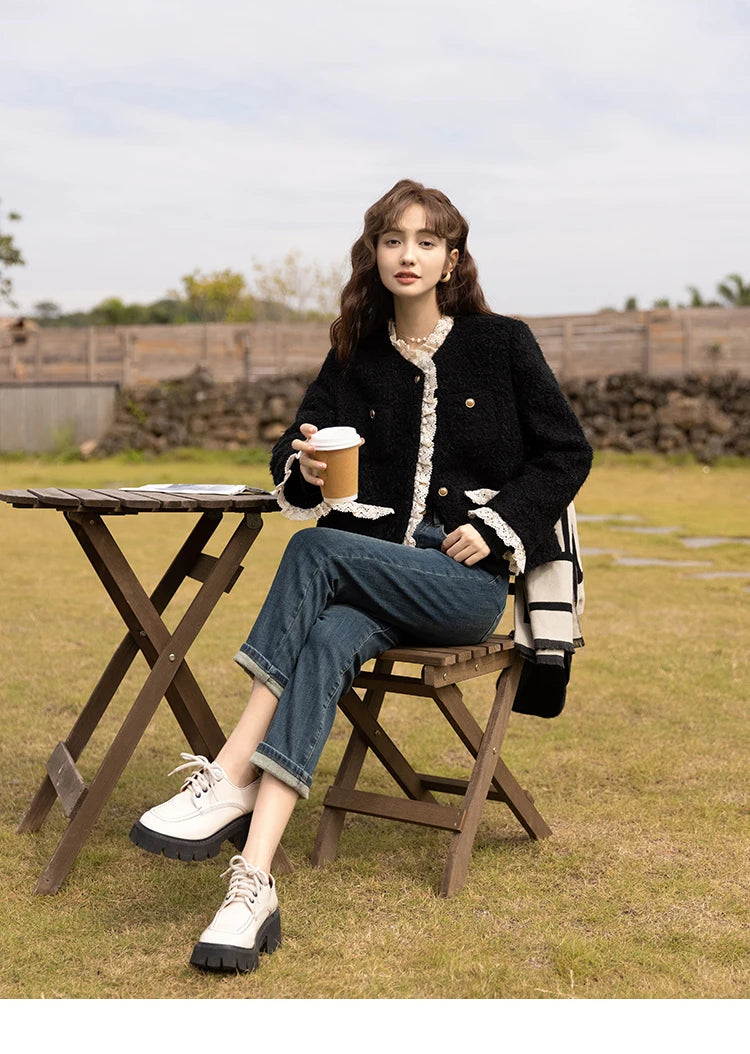 MISHOW Wool Coat Lace Splicing Lamb Wool Button Pockets MXB43W0720