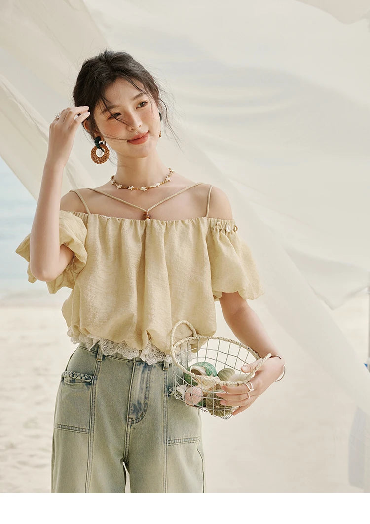 MISHOW French Camisole Shirt Off-Shoulder Lace Puff Sleeve MXE33X1755