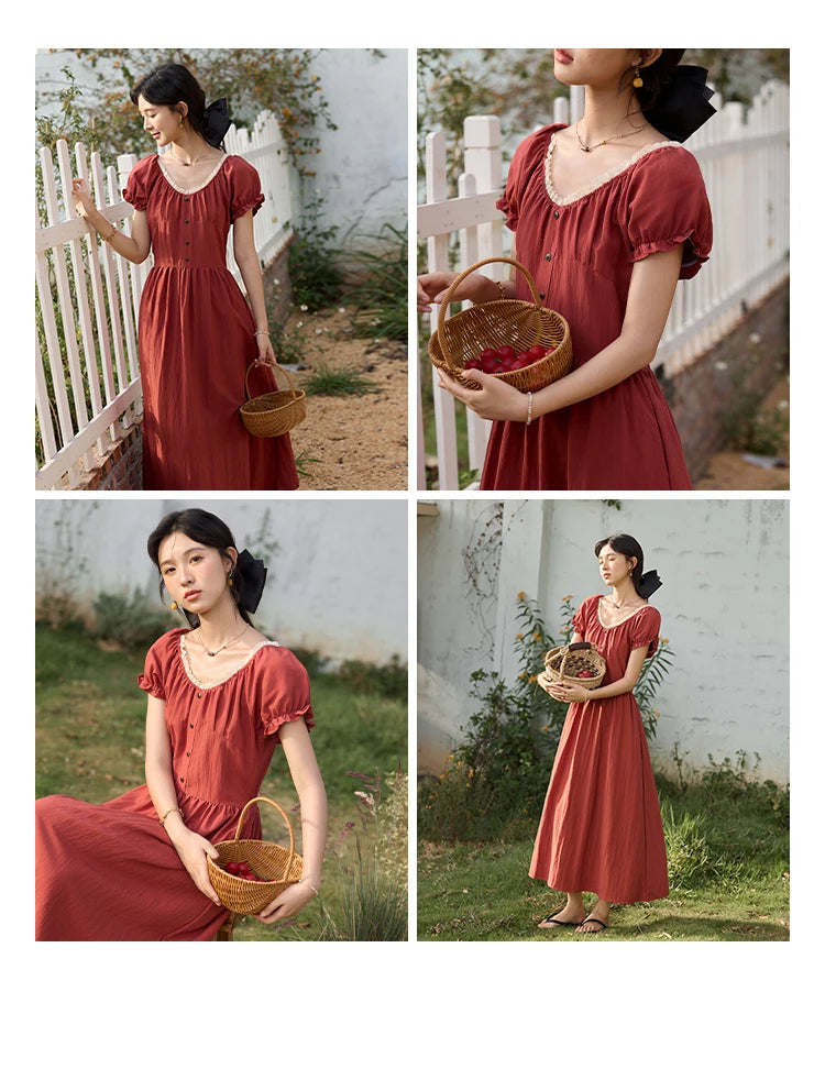 Mishow French Puff Sleeve Lace Neck Long Dress MXE35L2297