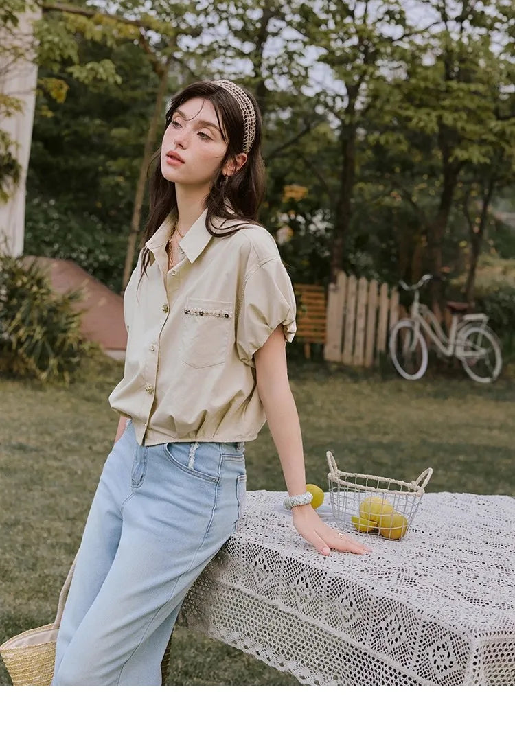 MISHOW Short Puff Sleeve Blouse Turn Down Collar Shell Ribbon MXE33C0773