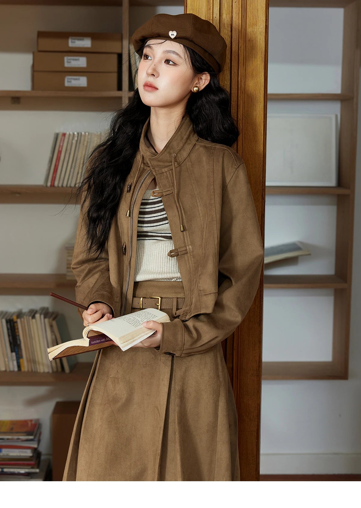 Mishow Retro Suede Stand Collar Jacket & Pleated Skirt Set MXD44W0423