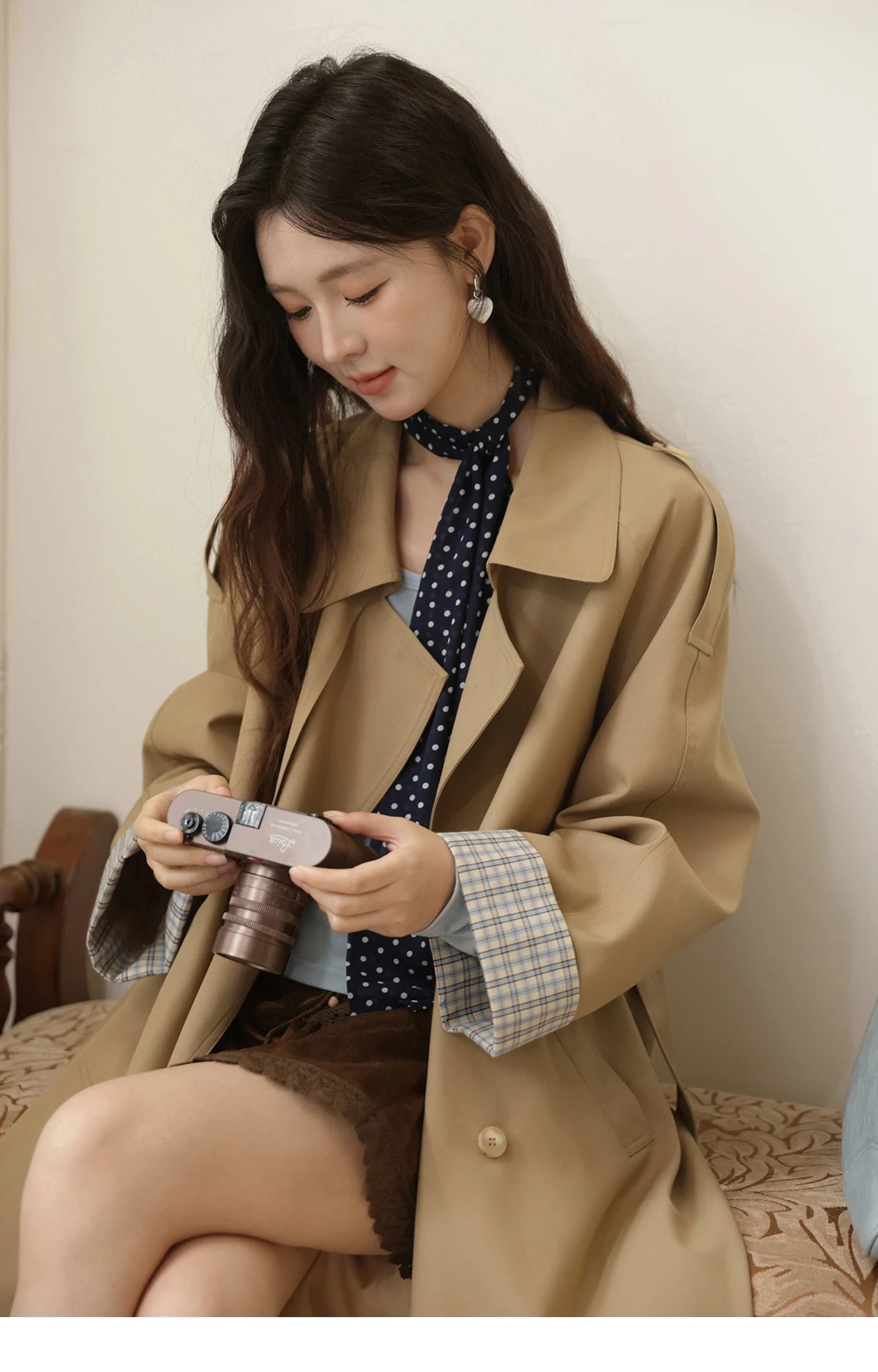 Mishow Khaki Retro Plaid Flip Sleeve Trench Coat MXE44W0814