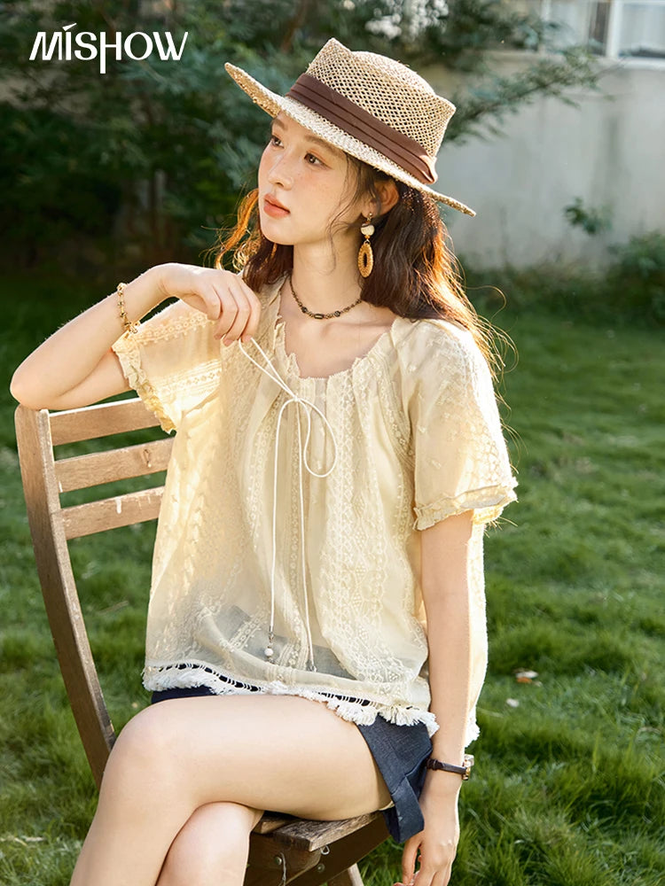 MISHOW Embroidered Jacquard Blouse O-Neck Lace Up MXE37X1861
