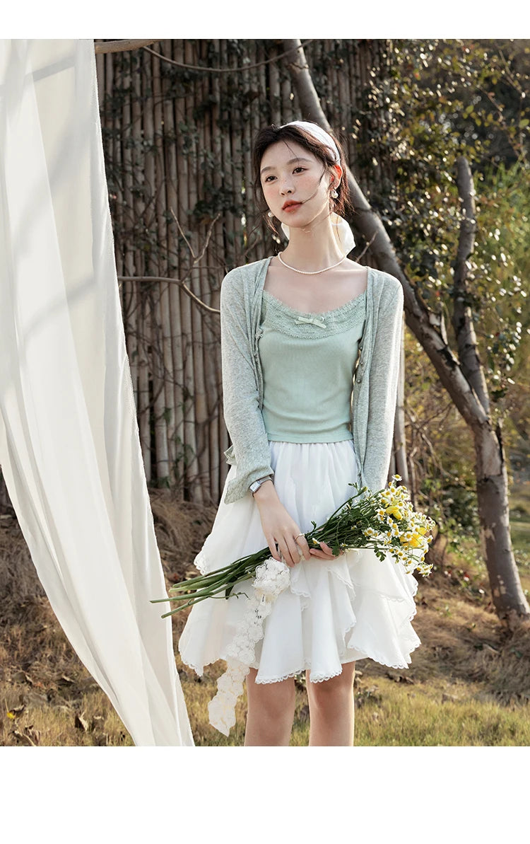 Mishow Light Green Lace Bow Camisole & Cardigan Set MXE15T0504