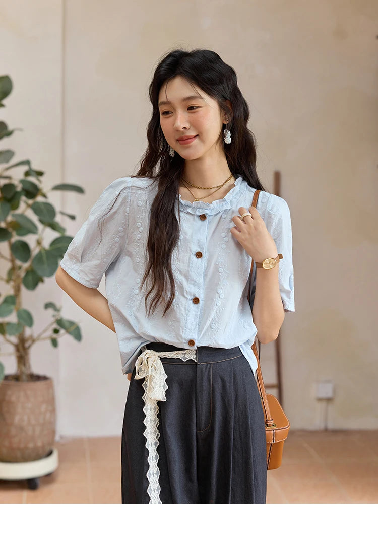 MISHOW 100% Cotton Puff Sleeve Shirt Round Neck Button MXE36X1873