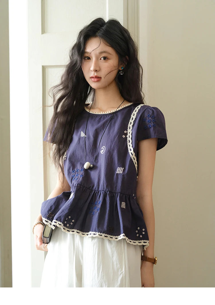 MISHOW O-Neck Spliced Lace Blouse Embroidery Flower MXE39X1965
