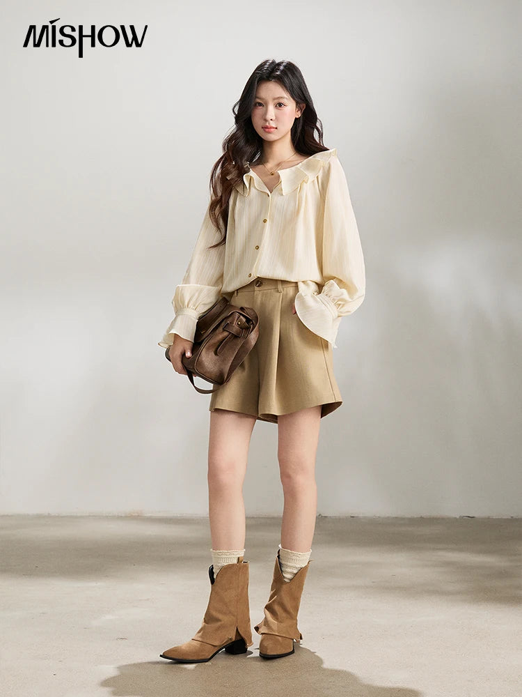 Mishow Khaki High Waist Pleated Wide Leg Shorts MXF13K1202