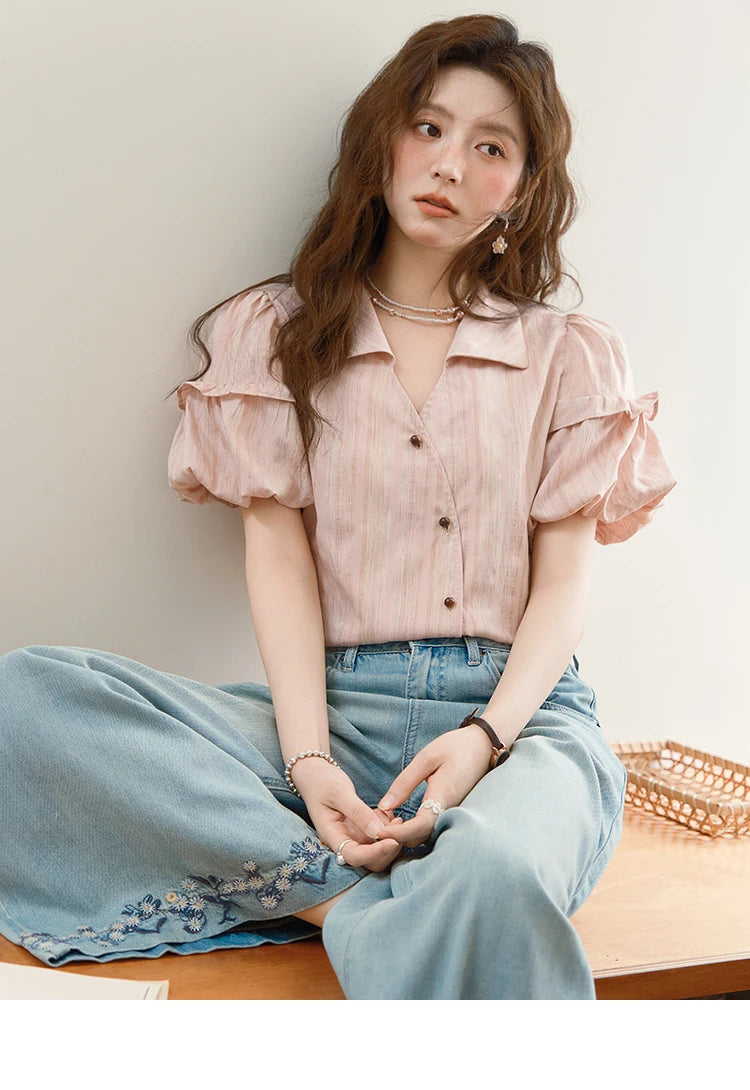 MISHOW Puff Sleeve Striped Shirt Turn-Down Collar Retro MXE37C0808