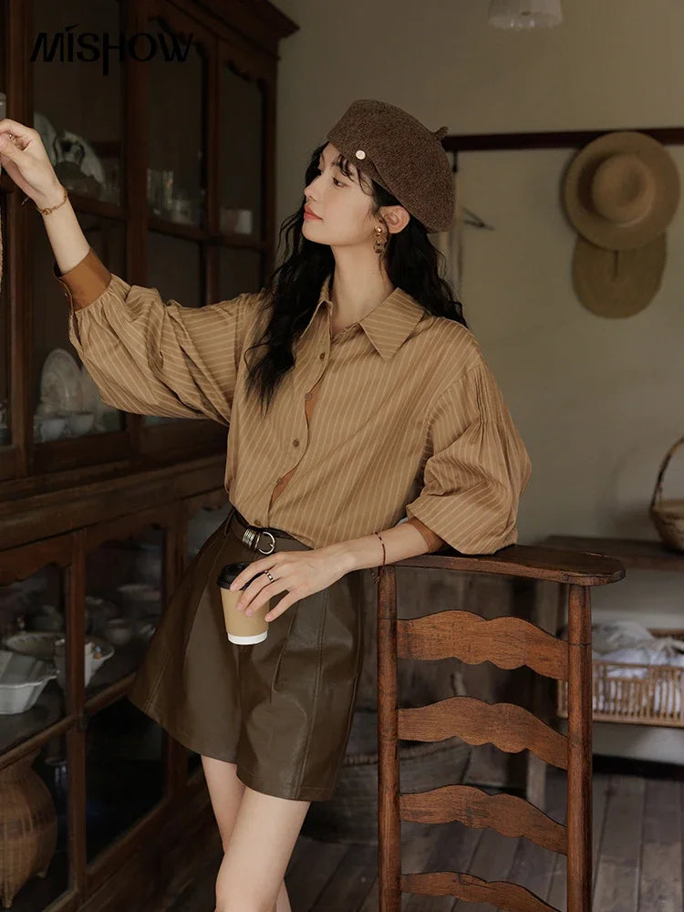 MISHOW Women's Striped Casual Shirt Retro Lapel Contrasting Cuffs MXD42C0301