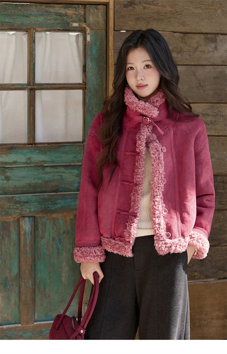 Mishow Dragon Fruit Red Suede Patchwork Coat MXE87W0942
