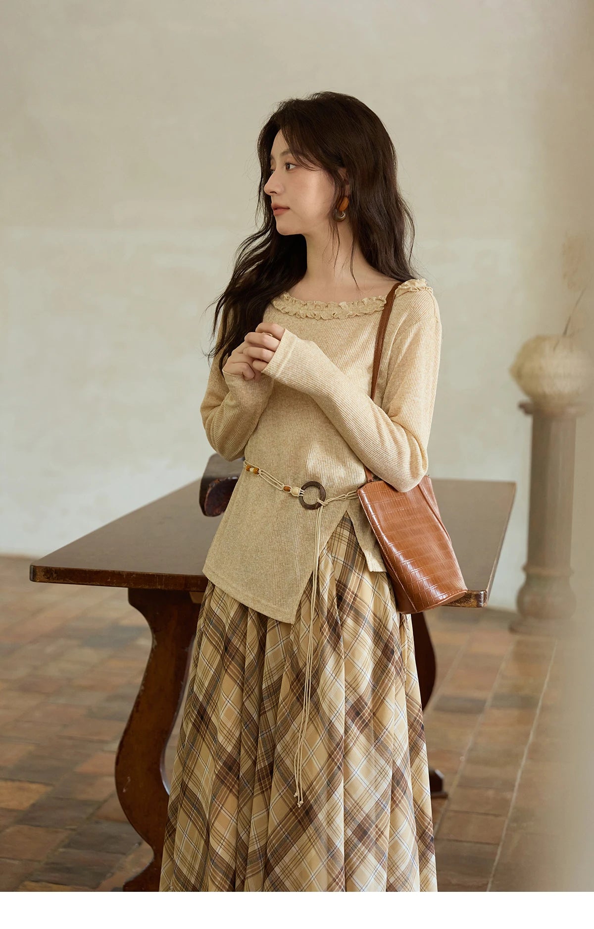 MISHOW Coffee Plaid Skirt Asymmetrical Hem Side Zipper A-Line MXE42B2377
