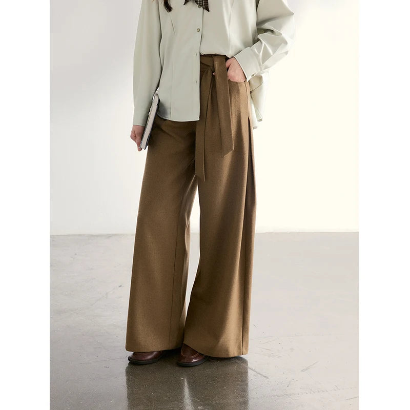 MISHOW Brown Wide Leg Pants Strap Design High Waist Elastic MXF11K1134