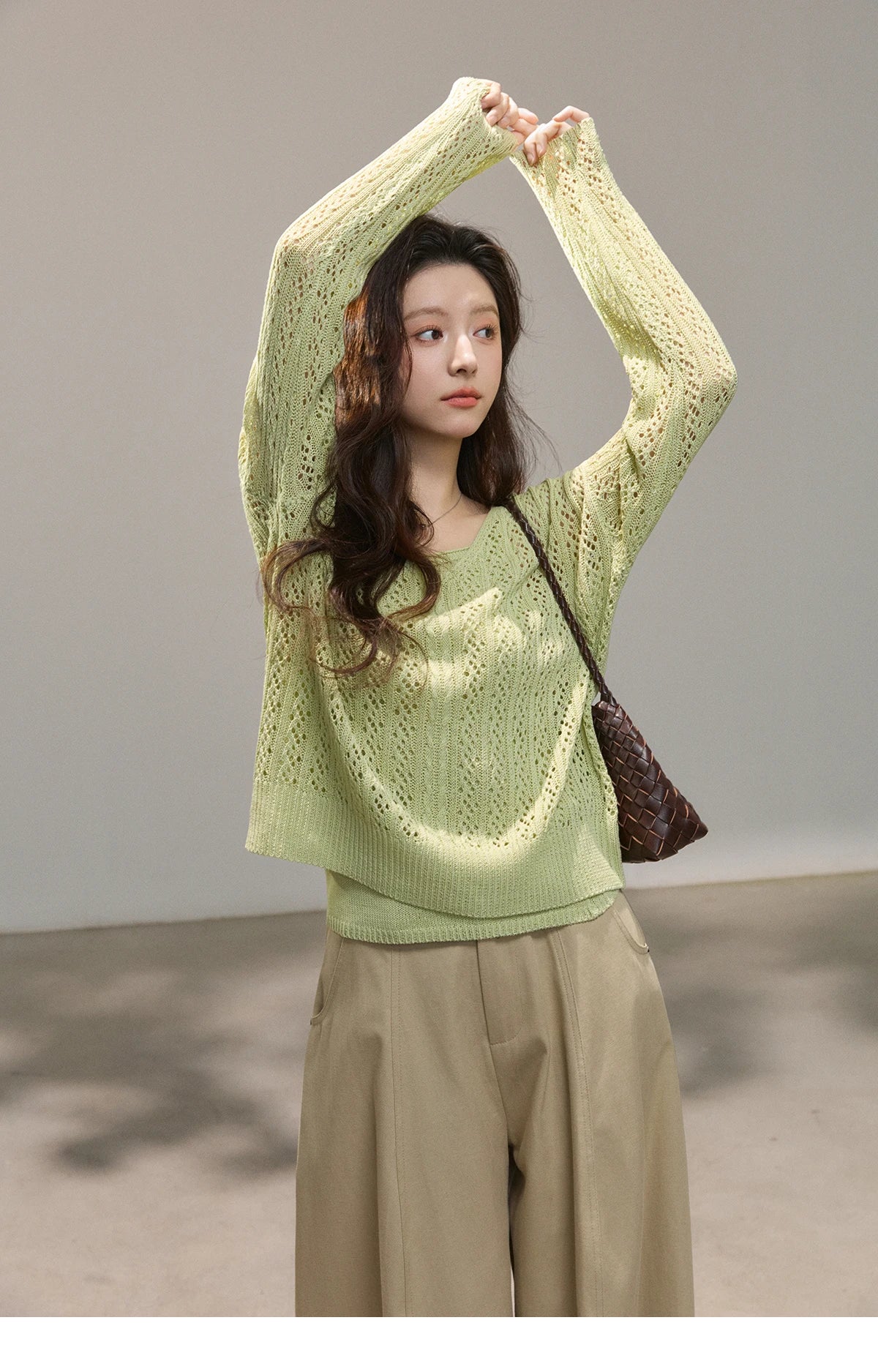 Mishow Green Hollow Cable Knit Top & Camisole Set MXF16T1524